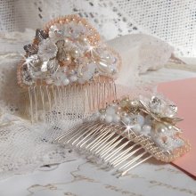 Bouquet d'un Jour hair comb (set of 2) embroidered with crystals, white Lucite flowers, silver leaf charms, various beads and seed beads